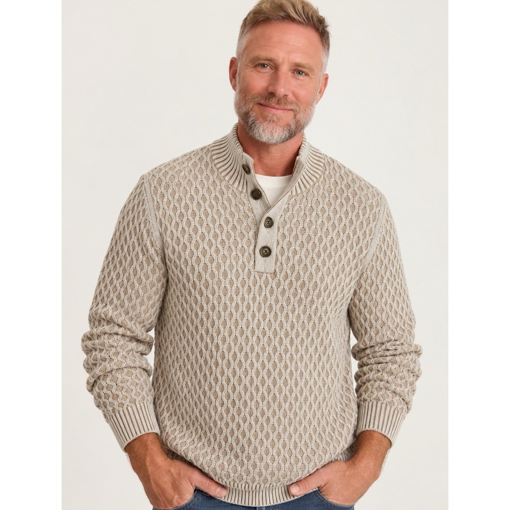 New Tommy Bahama Cable Knit Sweater Mens Large Beige Alpaca Wool Henley $168 NWT
